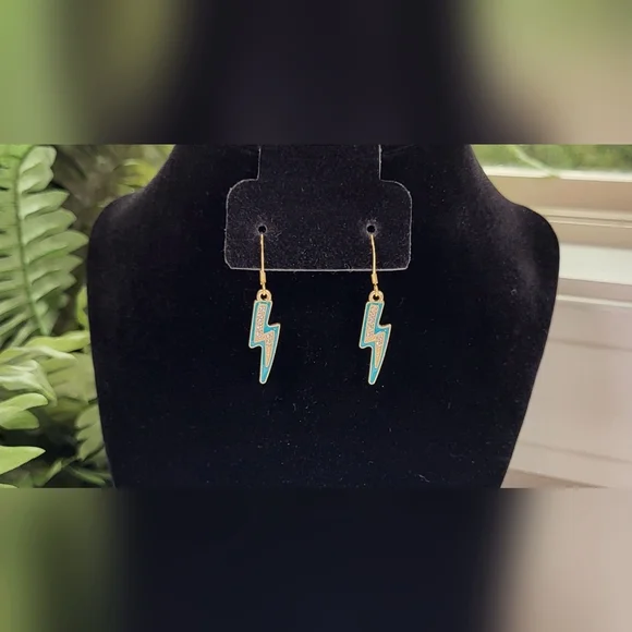 Teal Rhinestone Lightning Bolt Statement Dangle Earrings / Pierced - Picture 4 of 5